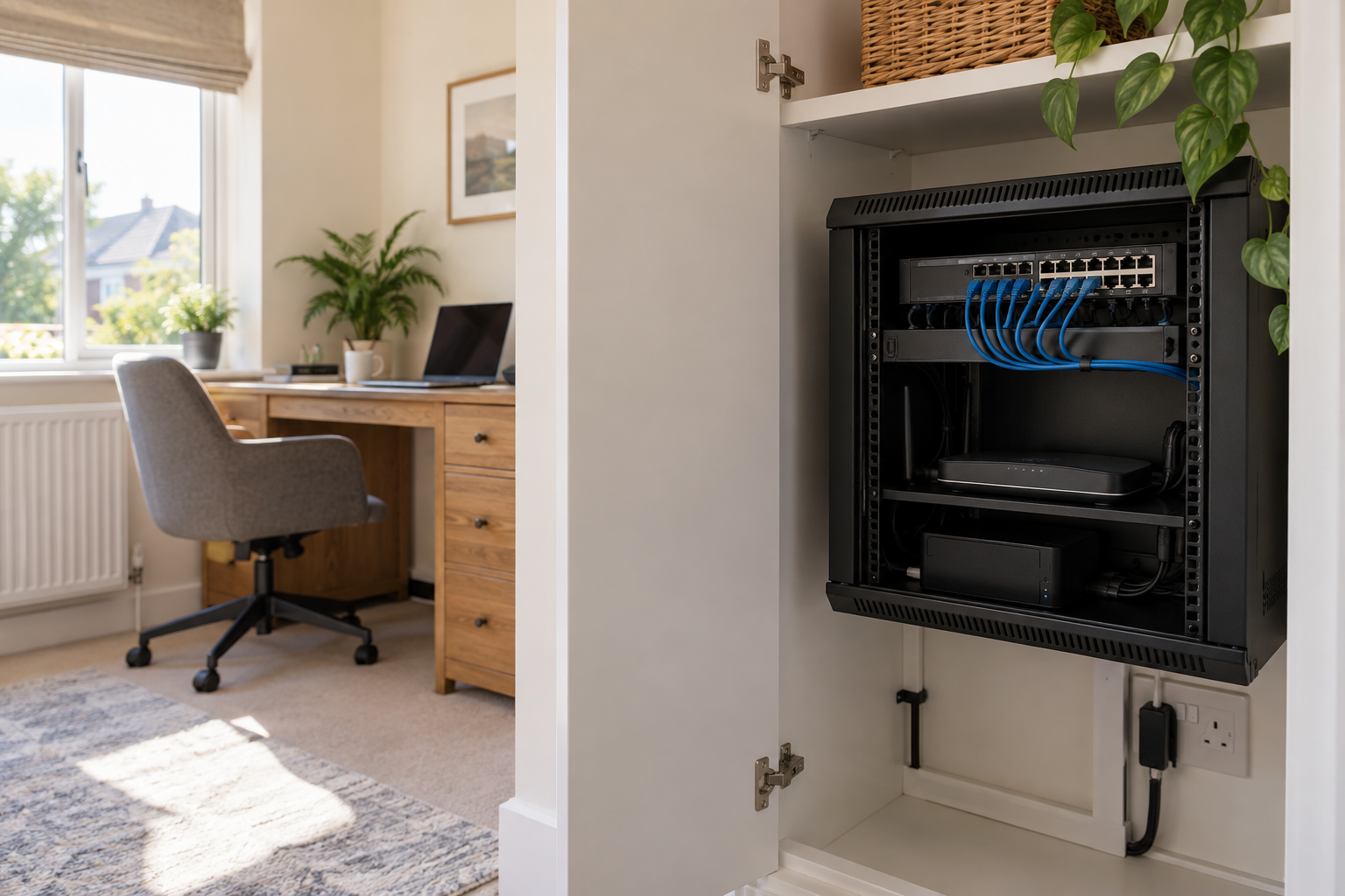 Illustration of a compact network cabinet beside a bright home office