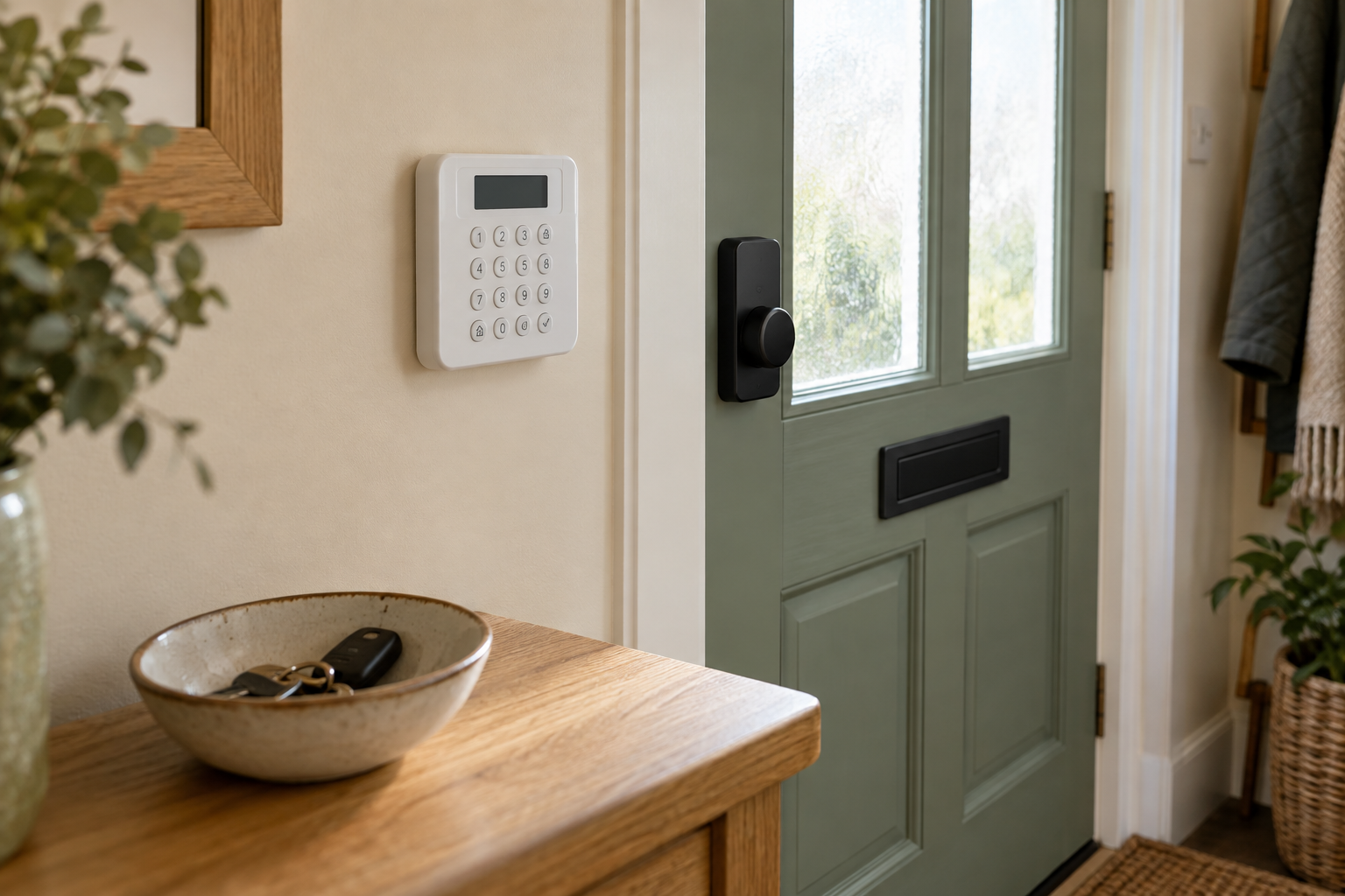 Illustration of a home alarm keypad and entrance lock in a domestic hallway