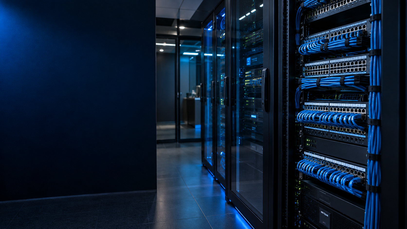 Blue data cables neatly connected to network equipment in a modern communications room